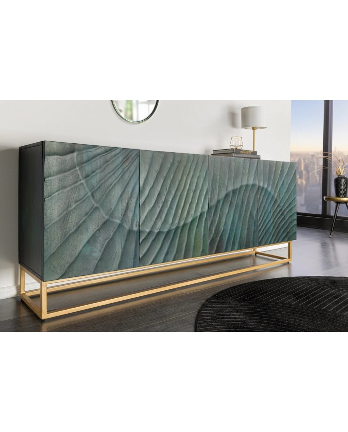 Buffet en bois massif avec reliefs 3D turquoise et pieds en métal dorés 180 cm AZUR