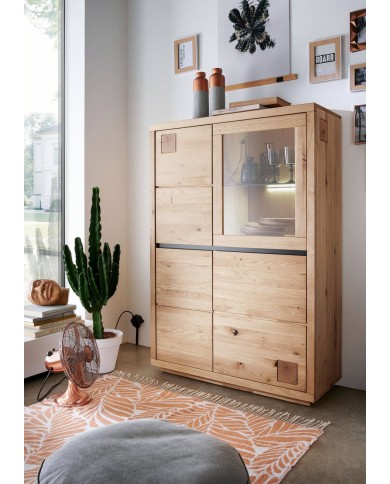 Buffet 4 portes vitrine LEDs chêne massif huilé 109 cm Collection ARTISAN