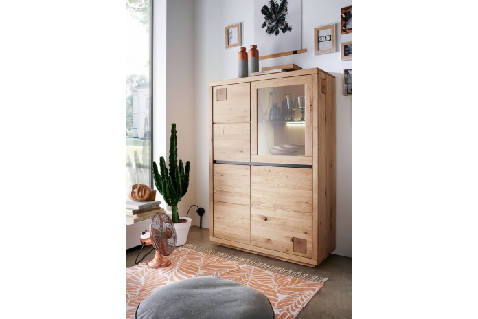 Buffet 4 portes vitrine LEDs chêne massif huilé 109 cm Collection ARTISAN
