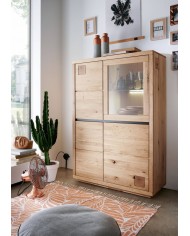 Buffet 4 portes vitrine LEDs chêne massif huilé 109 cm Collection ARTISAN
