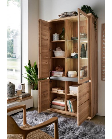 Buffet 4 portes vitrine LEDs chêne massif huilé 109 cm Collection ARTISAN