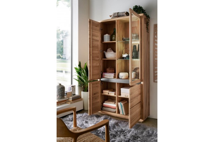 Buffet 4 portes vitrine LEDs chêne massif huilé 109 cm Collection ARTISAN