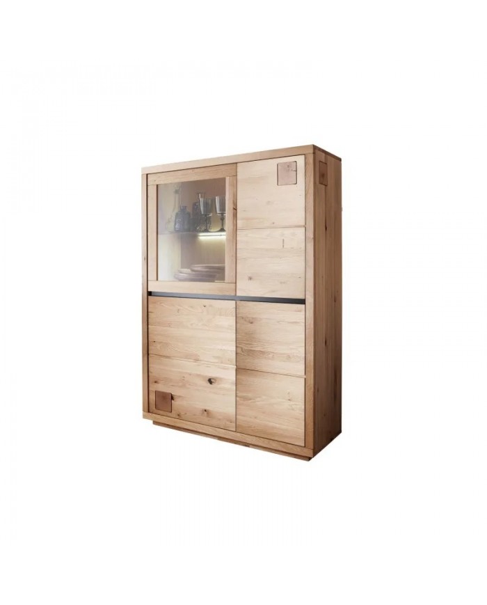 Buffet 4 portes vitrine LEDs chêne massif huilé 109 cm Collection ARTISAN