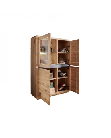 Buffet 4 portes vitrine LEDs chêne massif huilé 109 cm Collection ARTISAN