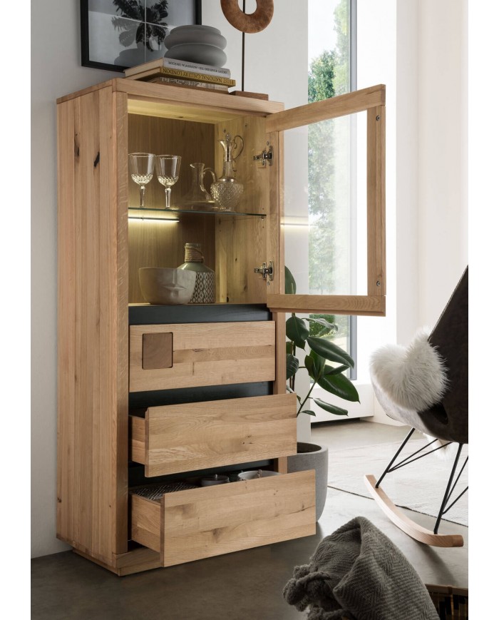Armoire vitrine 3 tiroirs en chêne massif huilé 71 cm collection Artisan