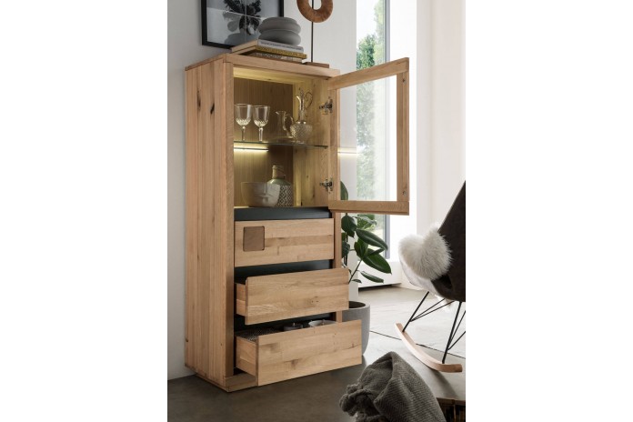 Armoire vitrine 3 tiroirs en chêne massif huilé 71 cm collection Artisan