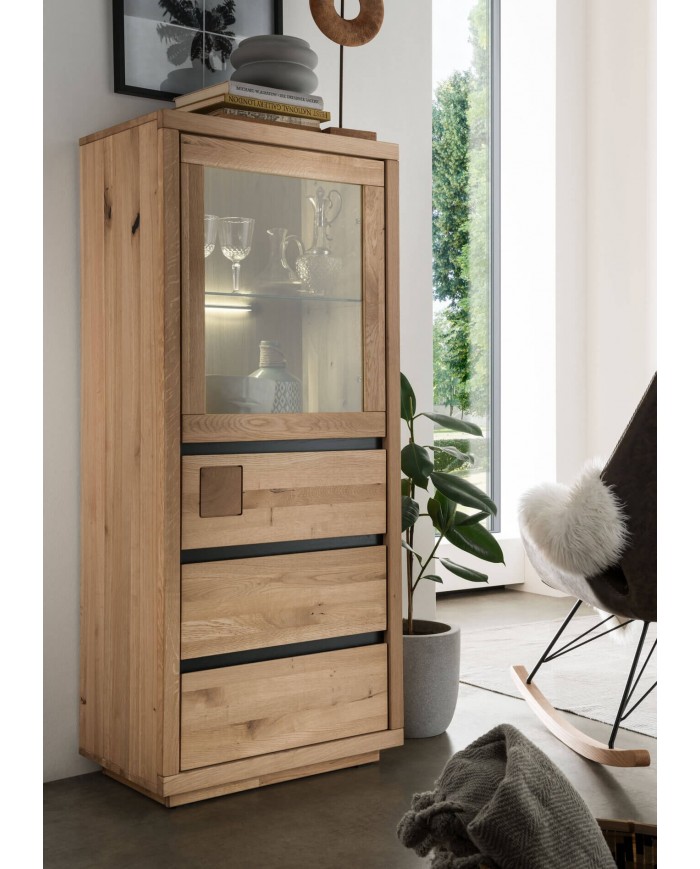 Armoire vitrine 3 tiroirs en chêne massif huilé 71 cm collection Artisan
