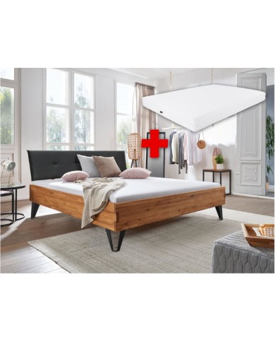 Pack : Lit Chêne Sauvage à tête de lit tapissée pieds design métal 140 Collection Lithium + matelas déhoussable ressorts Premia