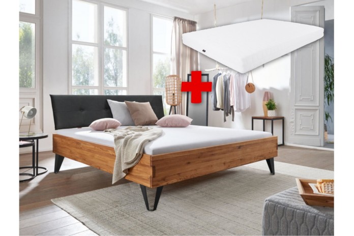 Pack : Lit Chêne Sauvage à tête de lit tapissée pieds design métal 140 Collection Lithium + matelas déhoussable ressorts Premia