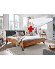 Pack : Lit Chêne Sauvage à tête de lit tapissée pieds design métal 140 Collection Lithium + matelas déhoussable ressorts Premia