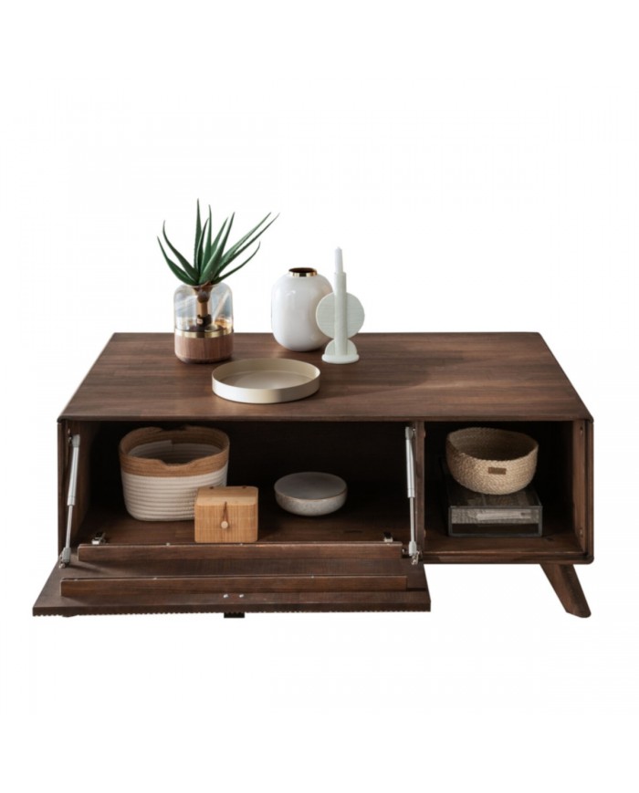 Table basse hêtre massif huilé niche ouverte et porte 118 cm Tabac