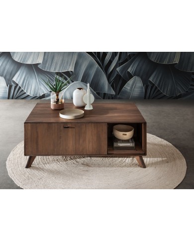 Table basse hêtre massif huilé niche ouverte et porte 118 cm Tabac
