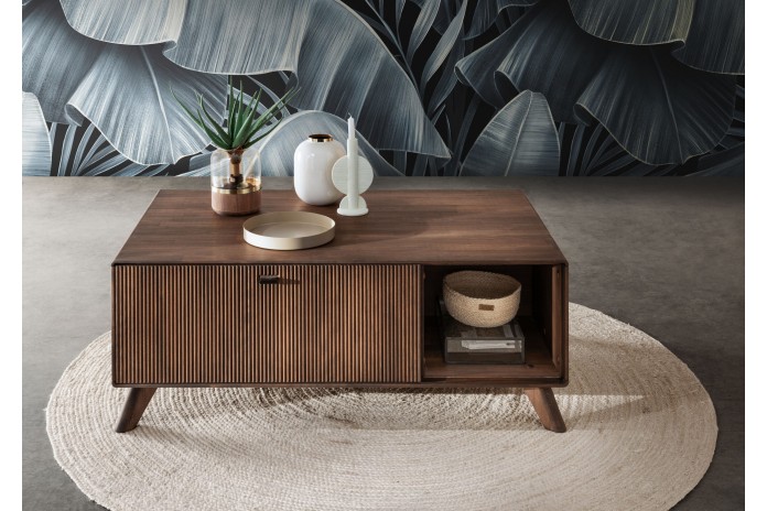 Table basse hêtre massif huilé niche ouverte et porte 118 cm Tabac