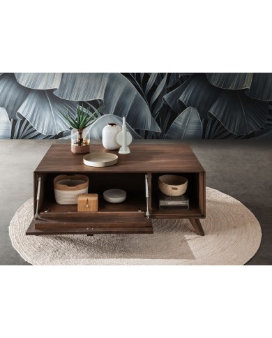 Table basse hêtre massif huilé niche ouverte et porte 118 cm Tabac