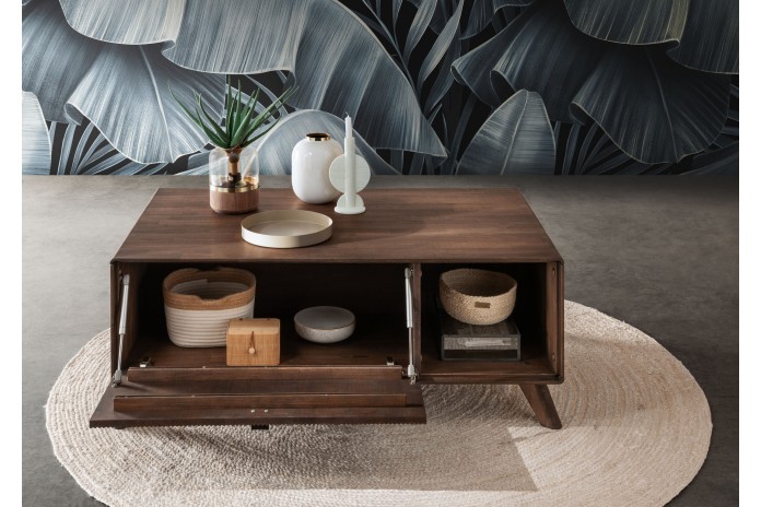 Table basse hêtre massif huilé niche ouverte et porte 118 cm Tabac