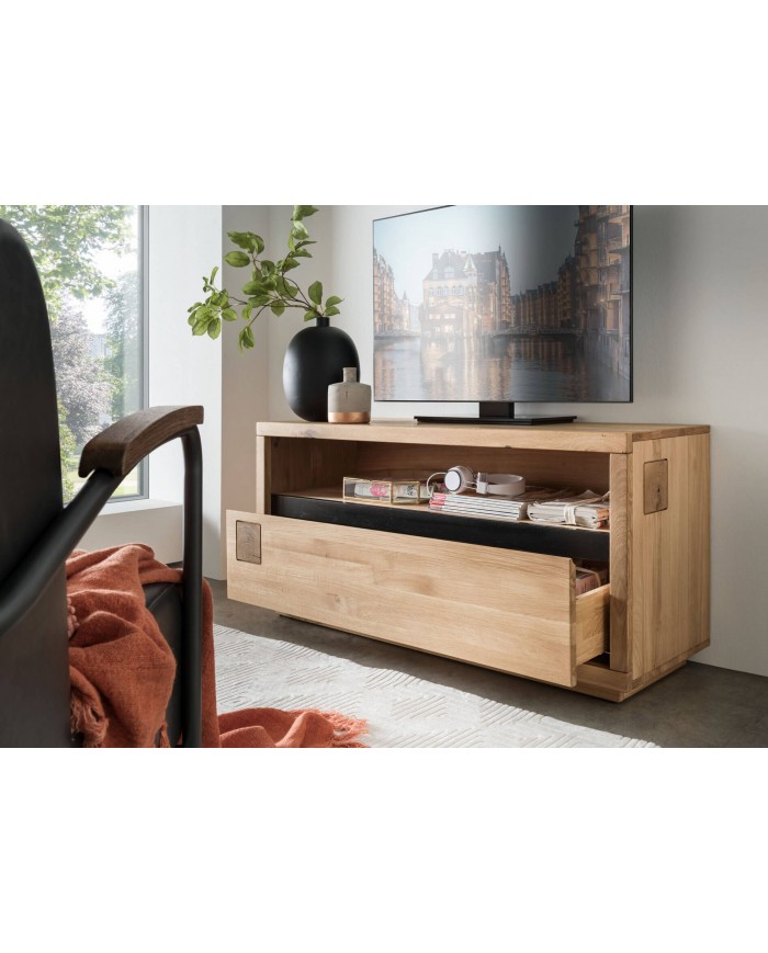 Meuble TV grand tiroir et niche chêne massif 130 cm Collection Artisan