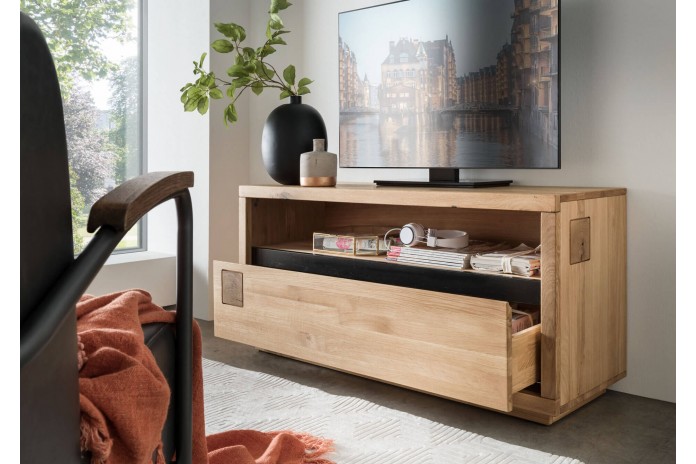 Meuble TV grand tiroir et niche chêne massif 130 cm Collection Artisan