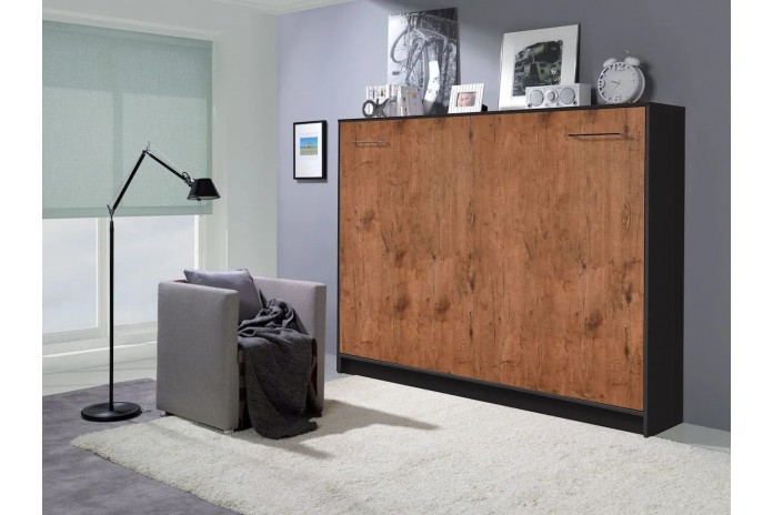 Armoire lit escamotable relevable horizontal 120x200 cm chêne lancelot et noir Premium