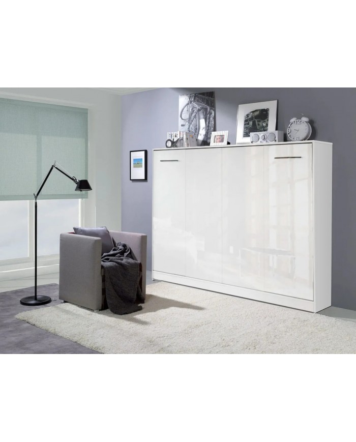 Armoire lit escamotable relevable horizontal 120x200 cm blanc brillant Premium