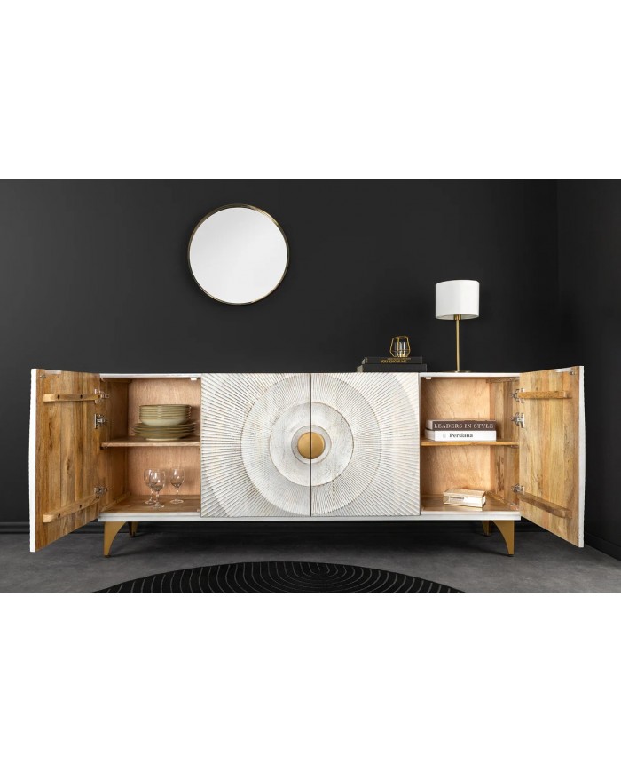 Buffet bois massif de manguier 180 cm effet 3D blanc AMMONIS