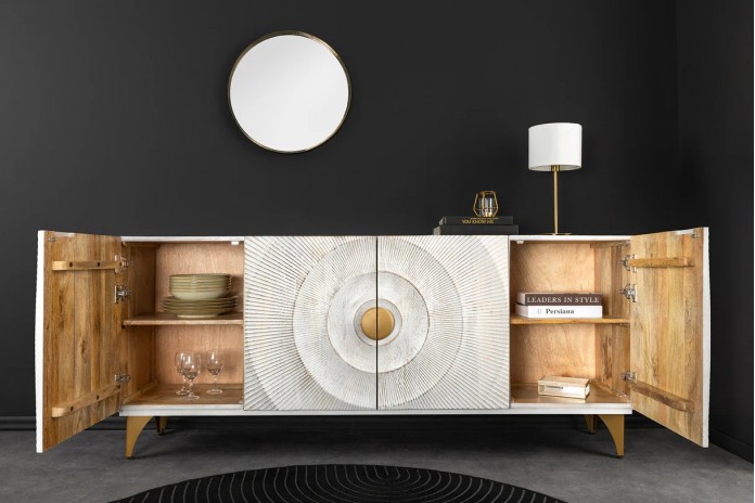 Buffet bois massif de manguier 180 cm effet 3D blanc AMMONIS