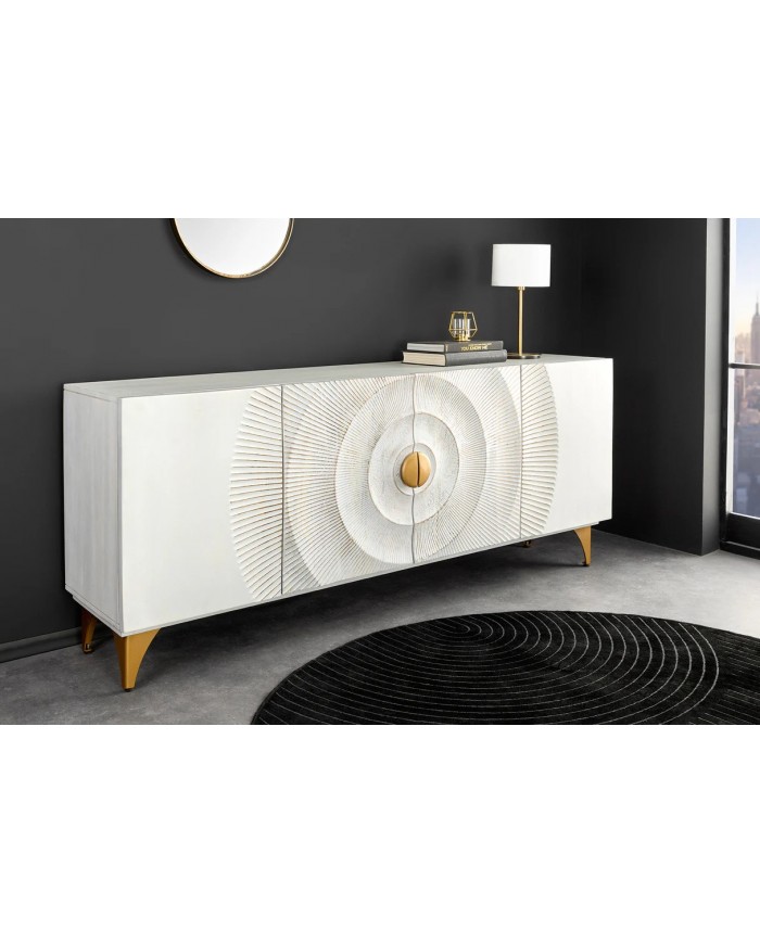 Buffet bois massif de manguier 180 cm effet 3D blanc AMMONIS