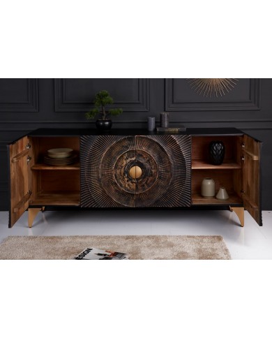 Buffet bois massif de manguier 180 cm effet 3D noir AMMONIS