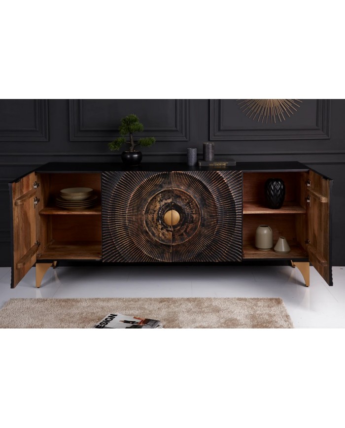 Buffet bois massif de manguier 180 cm effet 3D noir AMMONIS