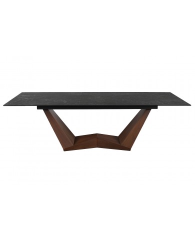 Table céramique noir Greco effet marbre pieds MDF Noyer 200(rallonge 250)x98x76 cm - NOARA