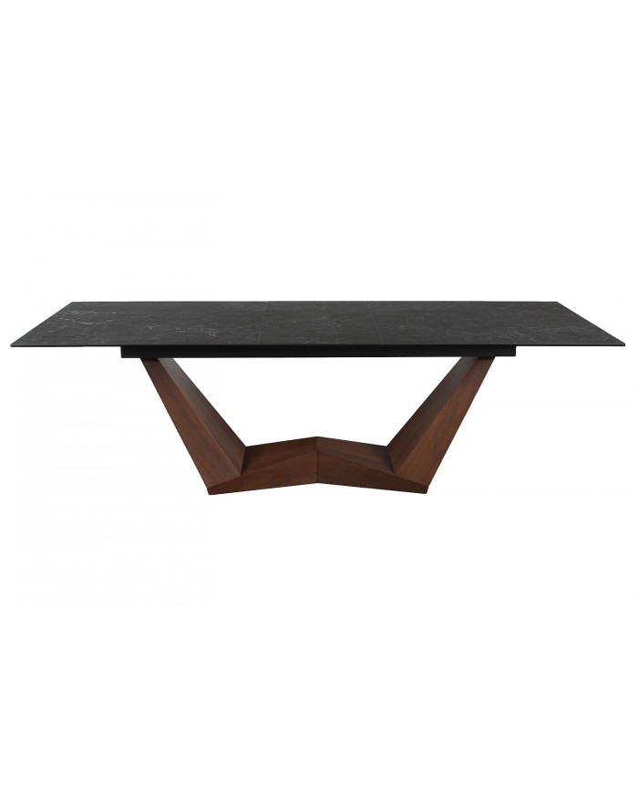 Table céramique noir Greco effet marbre pieds MDF Noyer 200(rallonge 250)x98x76 cm - NOARA