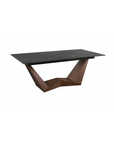 Table céramique noir Greco effet marbre pieds MDF Noyer 200(rallonge 250)x98x76 cm - NOARA