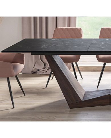 Table céramique noir Greco effet marbre pieds MDF Noyer 200(rallonge 250)x98x76 cm - NOARA