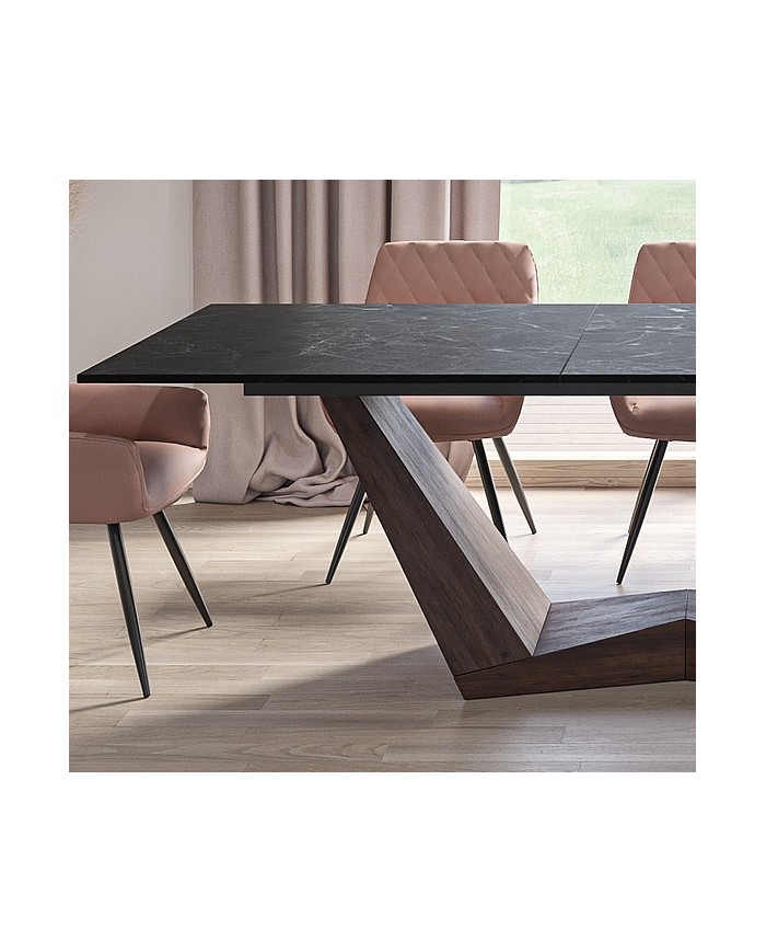 Table céramique noir Greco effet marbre pieds MDF Noyer 200(rallonge 250)x98x76 cm - NOARA