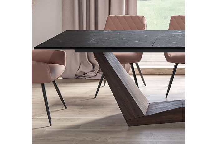 Table céramique noir Greco effet marbre pieds MDF Noyer 200(rallonge 250)x98x76 cm - NOARA