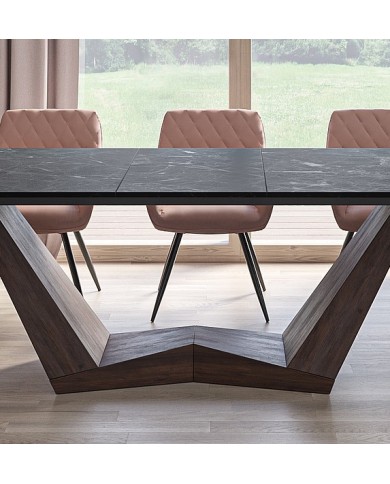 Table céramique noir Greco effet marbre pieds MDF Noyer 200(rallonge 250)x98x76 cm - NOARA