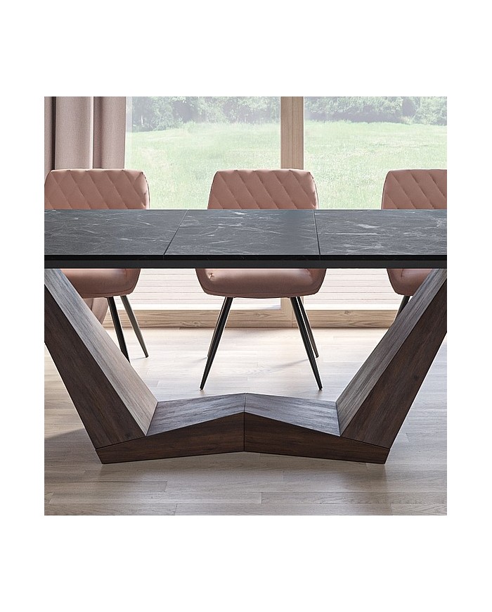 Table céramique noir Greco effet marbre pieds MDF Noyer 200(rallonge 250)x98x76 cm - NOARA