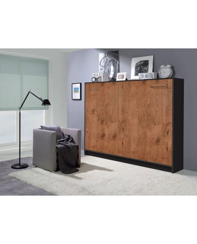Armoire lit escamotable relevable horizontal 90x200 cm chêne lancelot et noir Premium