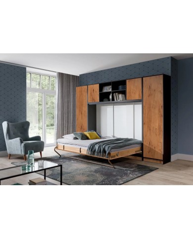 Armoire lit escamotable relevable horizontal 90x200 cm chêne lancelot et noir Premium