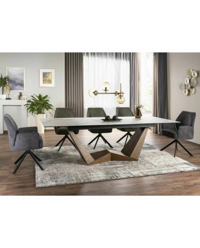 Table céramique blanc Statuario Venato effet marbre pieds MDF Noyer 200(rallonge 250)x98x76 cm - NOARA