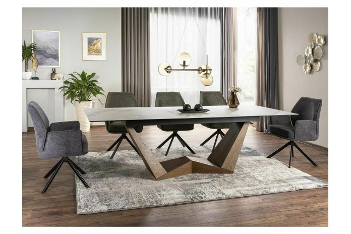 Table céramique blanc Statuario Venato effet marbre pieds MDF Noyer 200(rallonge 250)x98x76 cm - NOARA