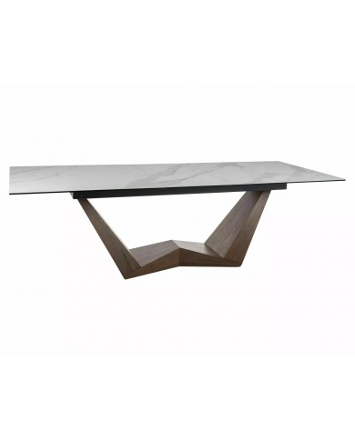 Table céramique blanc Statuario Venato effet marbre pieds MDF Noyer 200(rallonge 250)x98x76 cm - NOARA