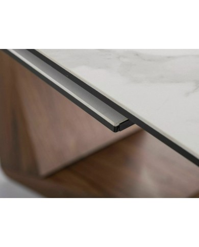 Table céramique blanc Statuario Venato effet marbre pieds MDF Noyer 200(rallonge 250)x98x76 cm - NOARA