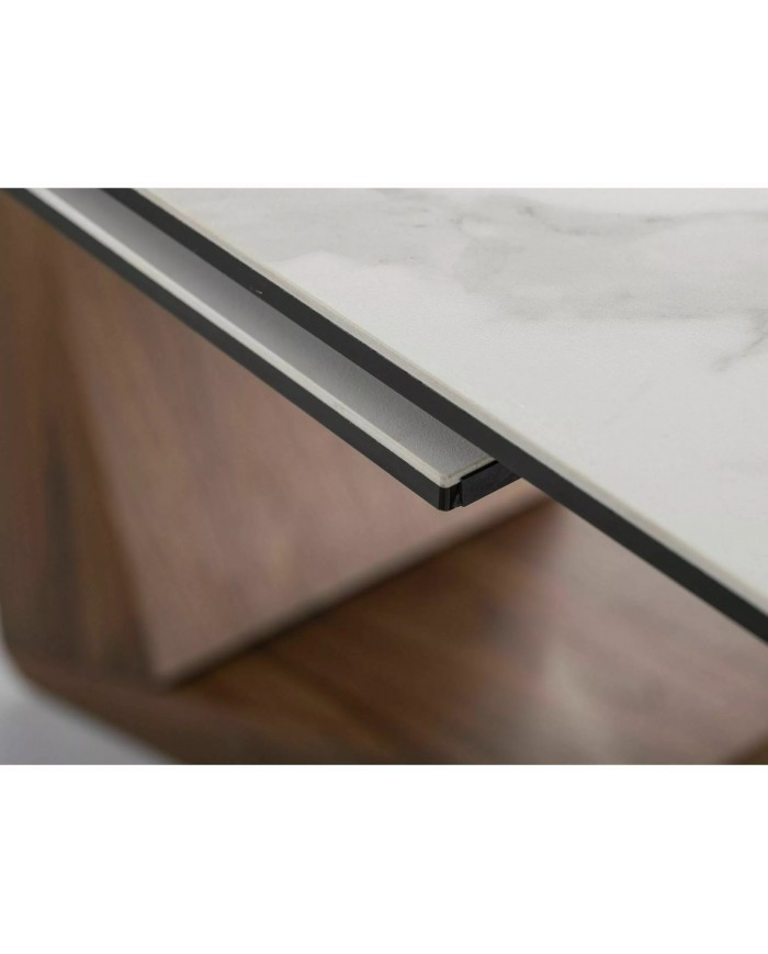 Table céramique blanc Statuario Venato effet marbre pieds MDF Noyer 200(rallonge 250)x98x76 cm - NOARA