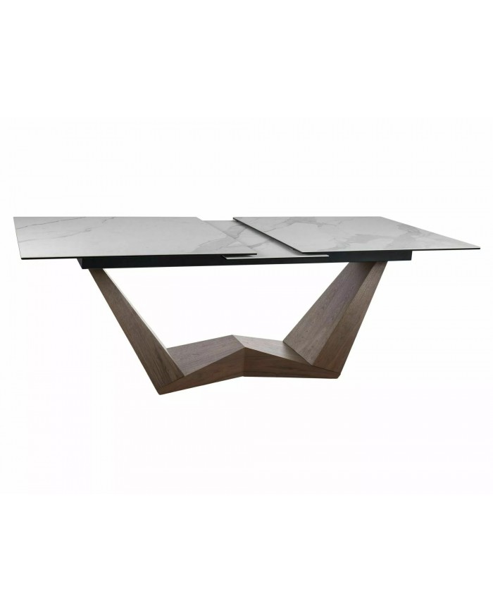 Table céramique blanc Statuario Venato effet marbre pieds MDF Noyer 200(rallonge 250)x98x76 cm - NOARA