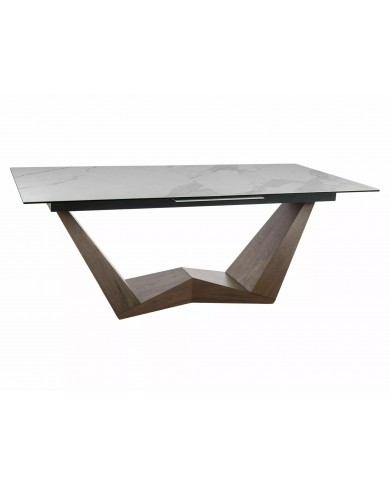 Table céramique blanc Statuario Venato effet marbre pieds MDF Noyer 200(rallonge 250)x98x76 cm - NOARA