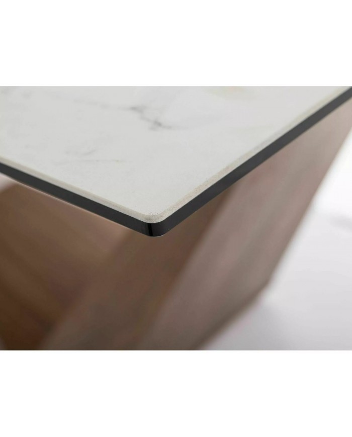Table céramique blanc Statuario Venato effet marbre pieds MDF Noyer 200(rallonge 250)x98x76 cm - NOARA