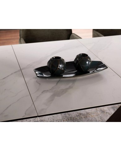 Table céramique blanc Statuario Venato effet marbre pieds MDF Noyer 200(rallonge 250)x98x76 cm - NOARA