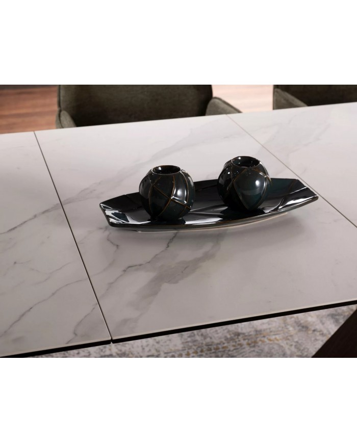 Table céramique blanc Statuario Venato effet marbre pieds MDF Noyer 200(rallonge 250)x98x76 cm - NOARA