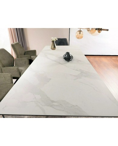 Table céramique blanc Statuario Venato effet marbre pieds MDF Noyer 200(rallonge 250)x98x76 cm - NOARA