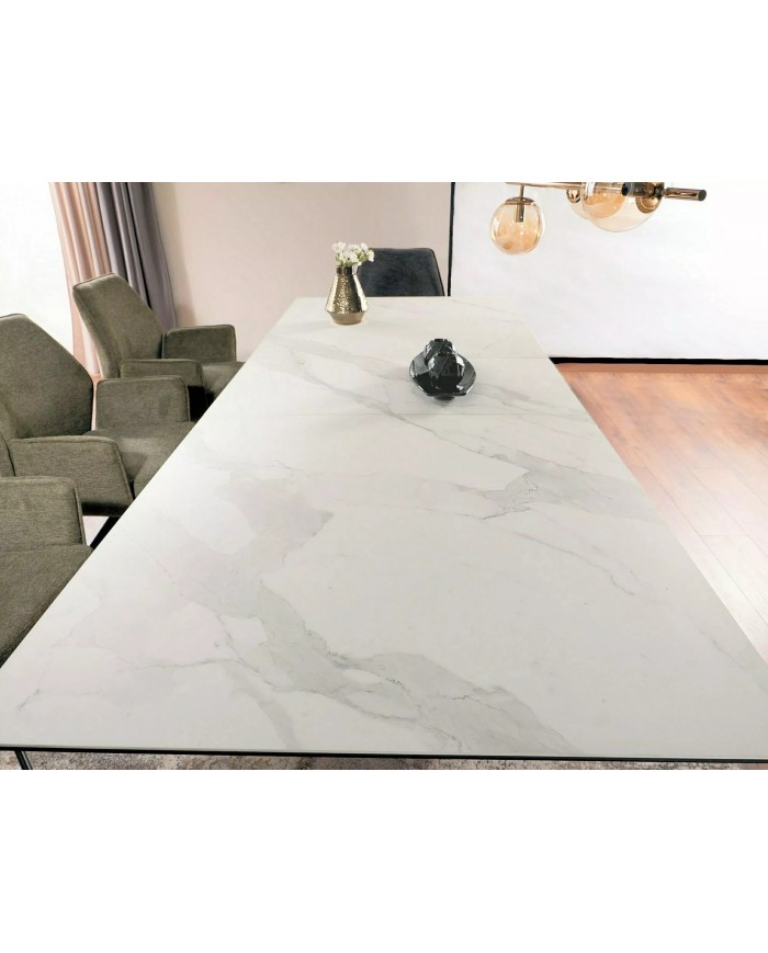 Table céramique blanc Statuario Venato effet marbre pieds MDF Noyer 200(rallonge 250)x98x76 cm - NOARA